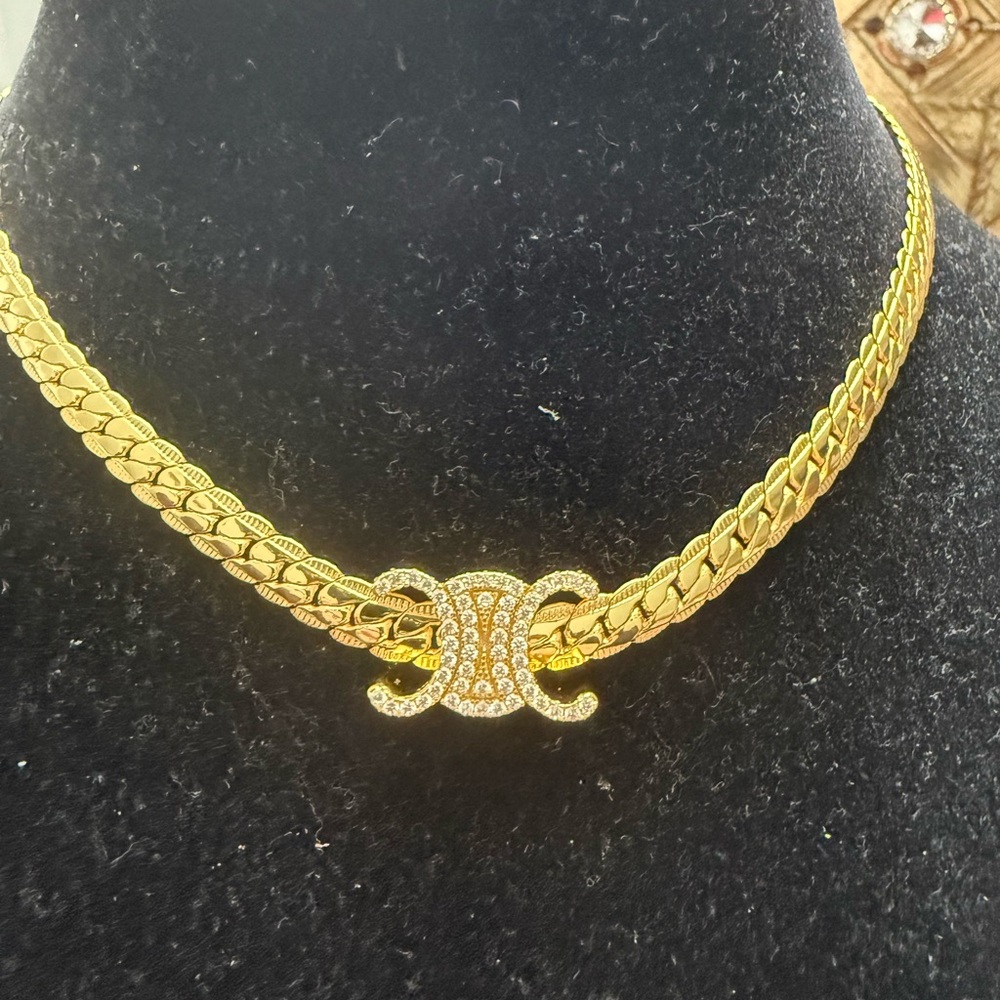 PRELOVED Celine Elegant Gold Necklace with Crystal Accents chain replaced